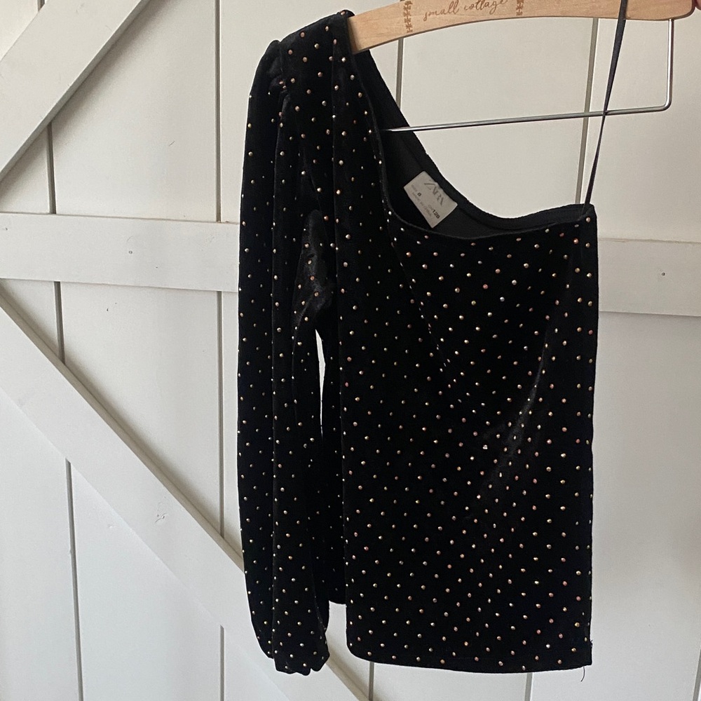 Zara Black One Shoulder Top with Colorful Studs